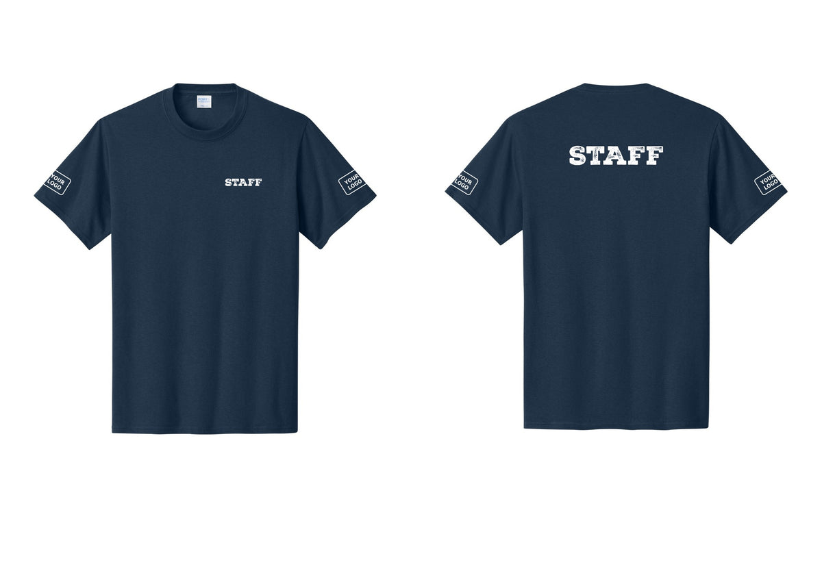 NYC Factory Custom Logo Staff T-Shirt, Rustic Lettering - Chest + Back + Your Logo Sleeves - Navy