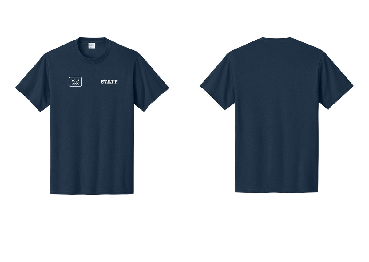 NYC Factory Custom Logo Staff T-Shirt, Rustic Lettering - STAFF + Your Logo - Navy