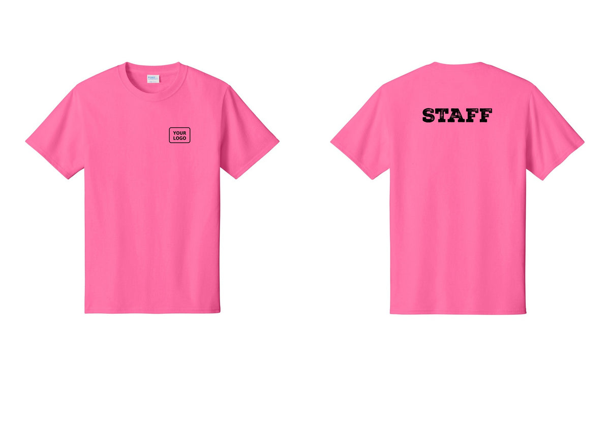 NYC Factory Custom Logo Staff T-Shirt, Rustic Lettering - Your Logo + Back - Neon Pink