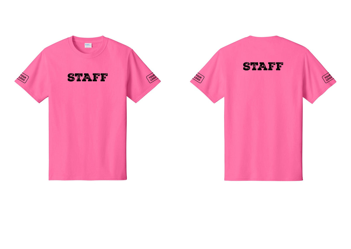 NYC Factory Custom Logo Staff T-Shirt, Rustic Lettering - Front + Back + Your Logo Sleeves - Neon Pink