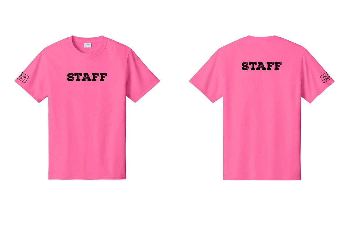 NYC Factory Custom Logo Staff T-Shirt, Rustic Lettering - Front + Back + Your Logo Sleeve - Neon Pink