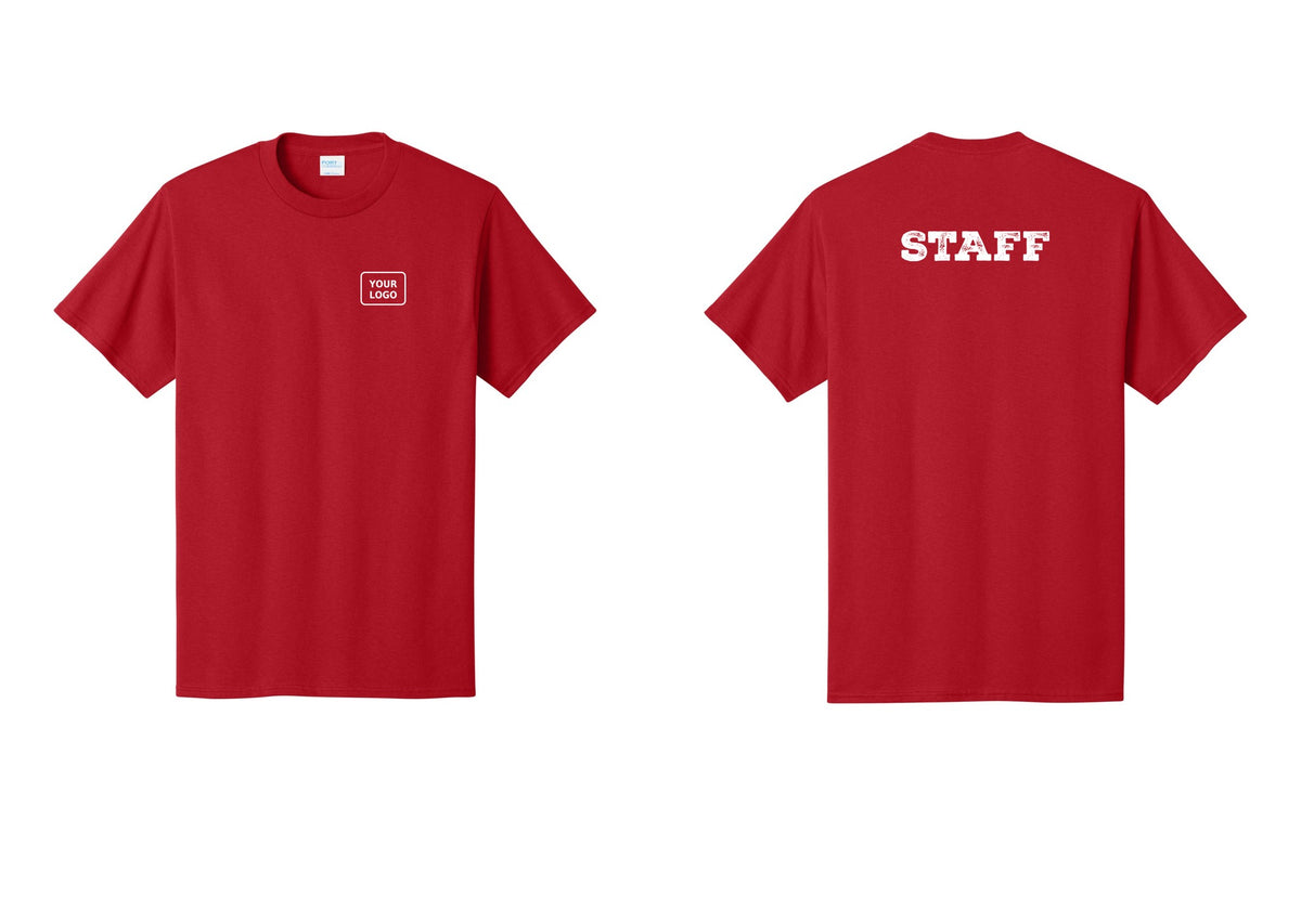 NYC Factory Custom Logo Staff T-Shirt, Rustic Lettering - Your Logo + Back - Red