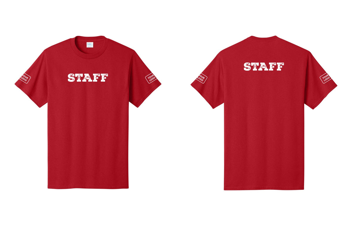 NYC Factory Custom Logo Staff T-Shirt, Rustic Lettering - Front + Back + Your Logo Sleeves - Red