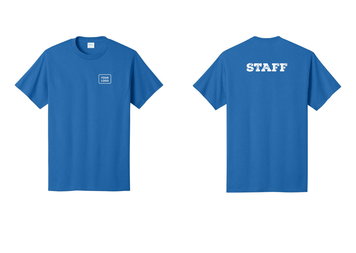 NYC Factory Custom Logo Staff T-Shirt, Rustic Lettering - Your Logo + Back - Royal