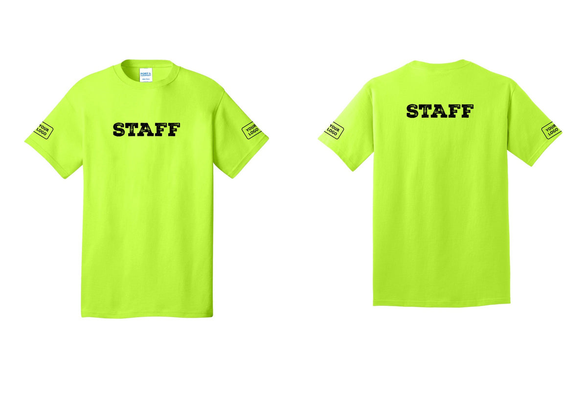 NYC Factory Custom Logo Staff T-Shirt, Rustic Lettering - Front + Back + Your Logo Sleeves - Safety Green