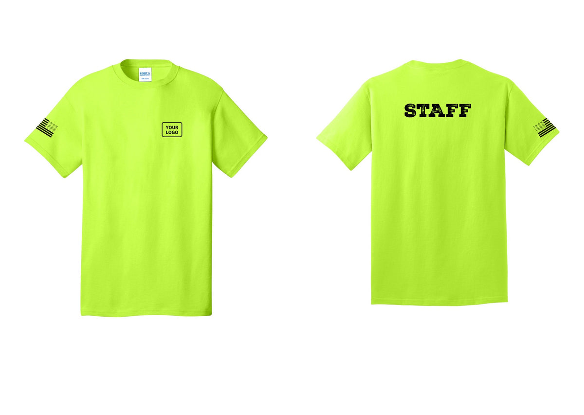 NYC Factory Custom Logo Staff T-Shirt, Rustic Lettering - Your Logo + Back + US Flag Sleeve - Safety Green