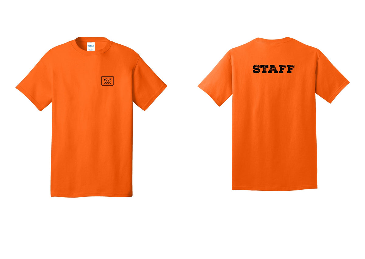 NYC Factory Custom Logo Staff T-Shirt, Rustic Lettering - Your Logo + Back - Safety Orange