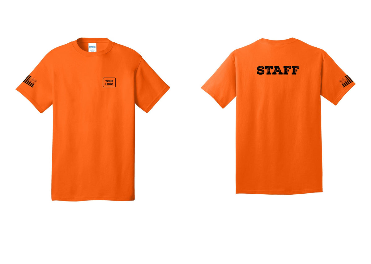 NYC Factory Custom Logo Staff T-Shirt, Rustic Lettering - Your Logo + Back + US Flag Sleeve - Safety Orange