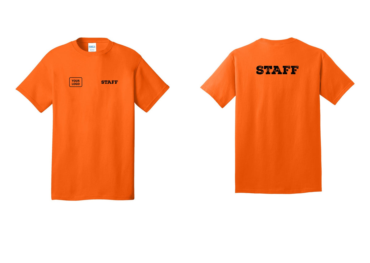 NYC Factory Custom Logo Staff T-Shirt, Rustic Lettering - STAFF + Your Logo + Back - Safety Orange