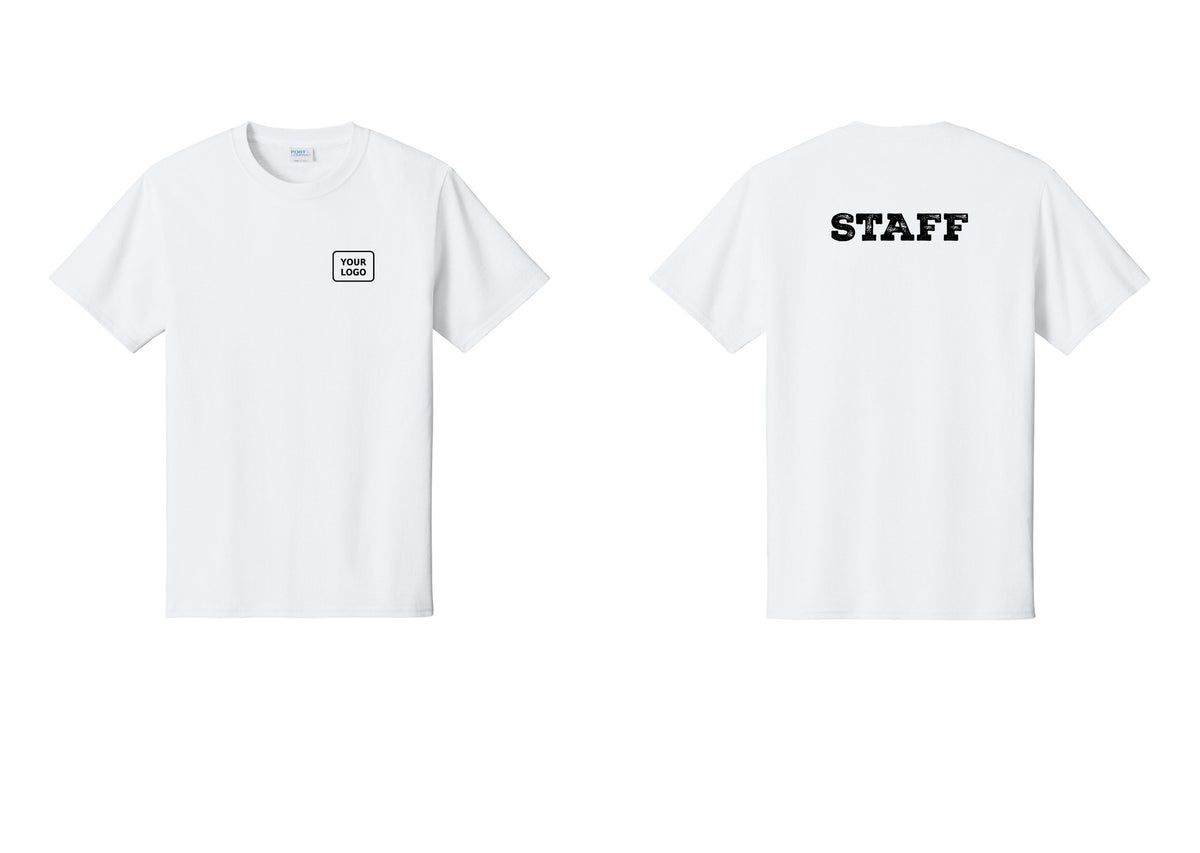 NYC Factory Custom Logo Staff T-Shirt, Rustic Lettering - Your Logo + Back - White