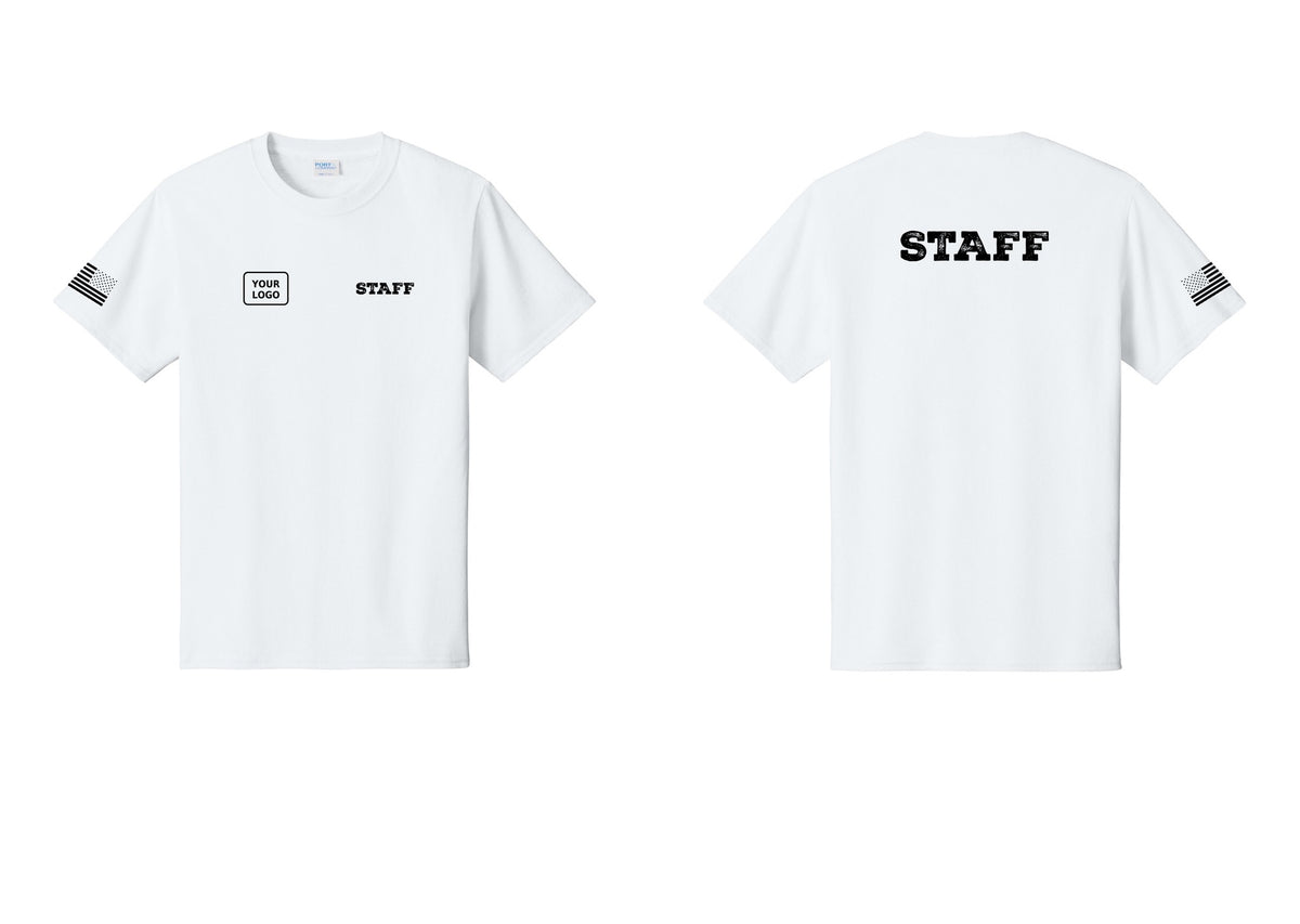 NYC Factory Custom Logo Staff T-Shirt, Rustic Lettering - STAFF + Your Logo + Back + US Flag Sleeve - White