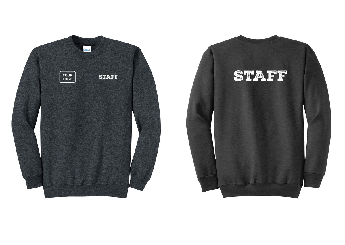 NYC Factory Custom Logo Staff Cotton Fleece Crewneck Sweatshirt (Rustic) - STAFF + Your Logo + Back - Dark Heather Grey