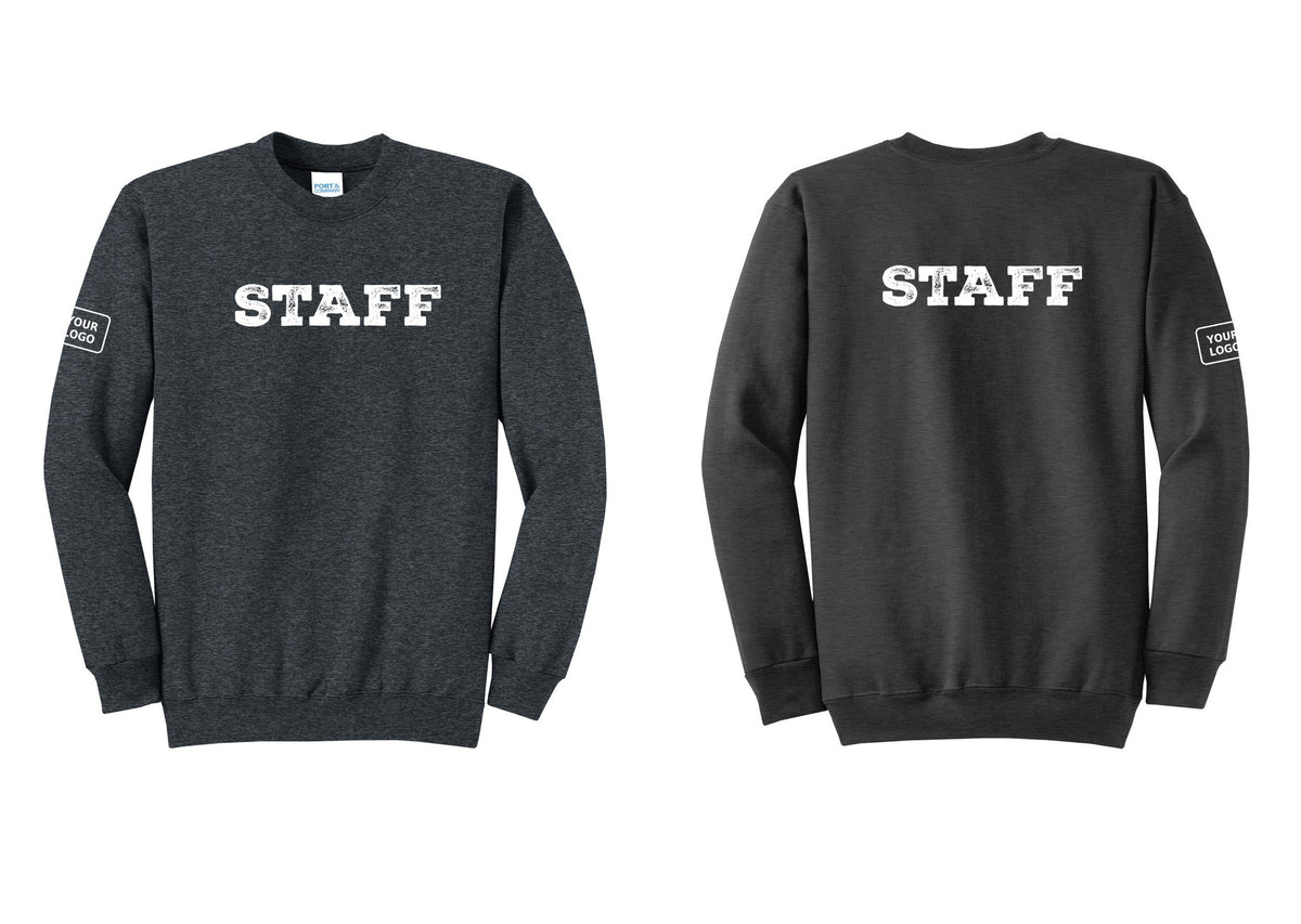 NYC Factory Custom Logo Staff Cotton Fleece Crewneck Sweatshirt (Rustic) - Front + Back + Your Logo Sleeve - Dark Heather Grey