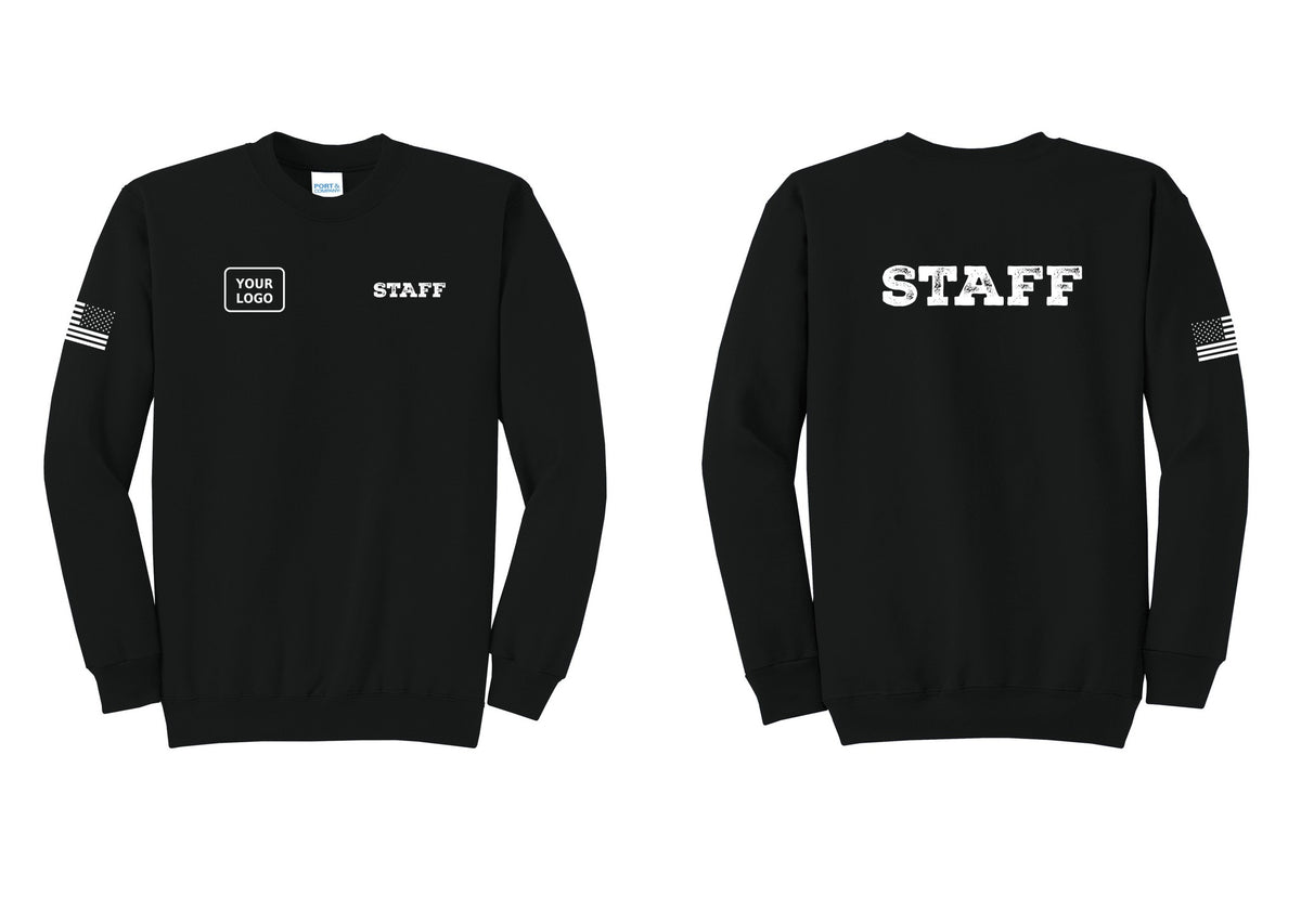 NYC Factory Custom Logo Staff Cotton Fleece Crewneck Sweatshirt (Rustic) - STAFF + Your Logo + Back + US Flag Sleeve - Black