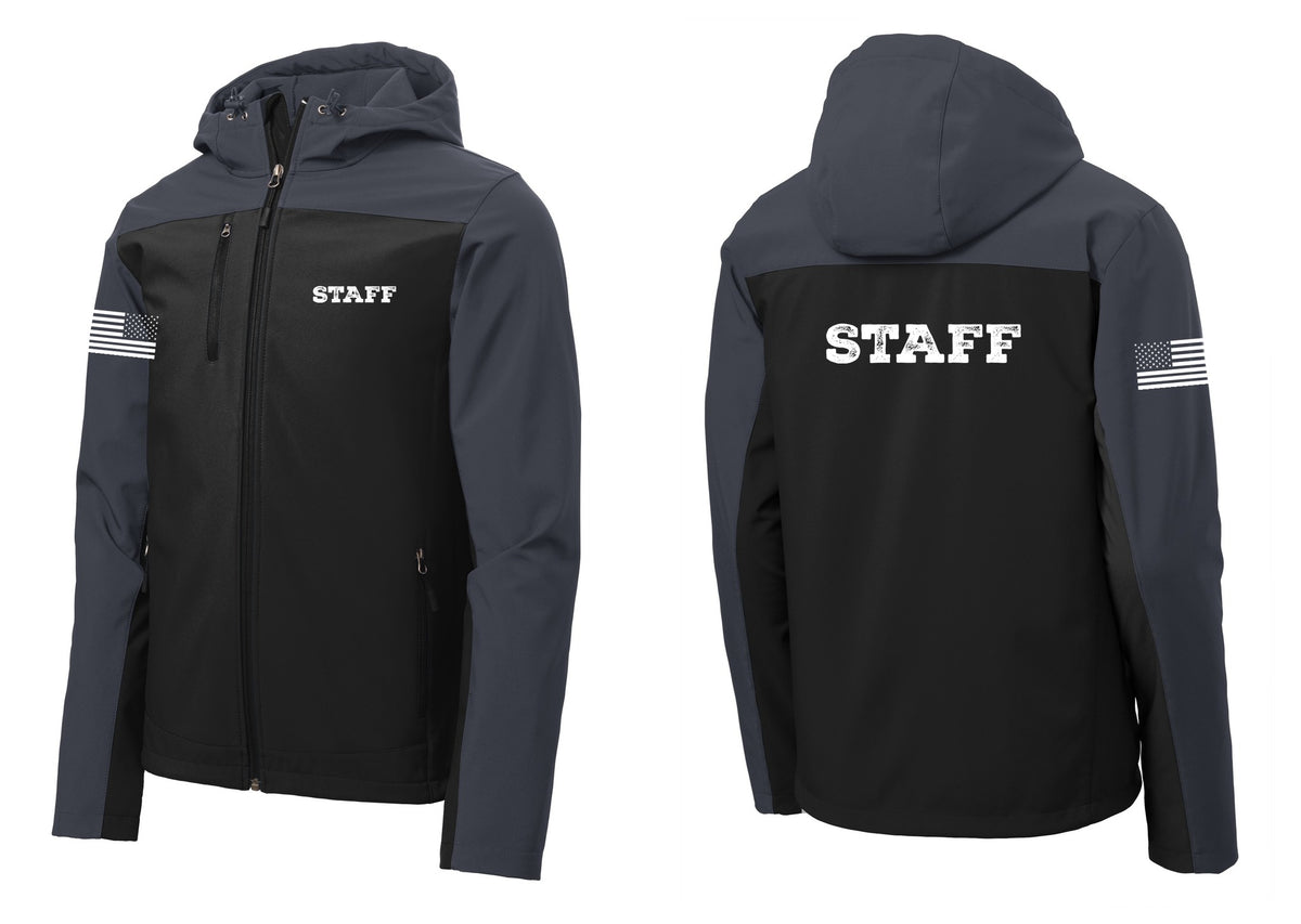 NYC Factory Staff Hooded Soft Shell Jacket (Rustic) - Chest + Back + US Flag Sleeve - Black / Battleship Grey