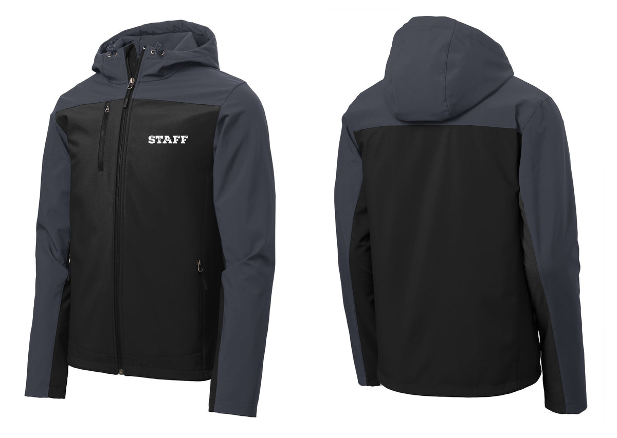NYC Factory Staff Hooded Soft Shell Jacket (Rustic) - Chest Only - Black / Battleship Grey