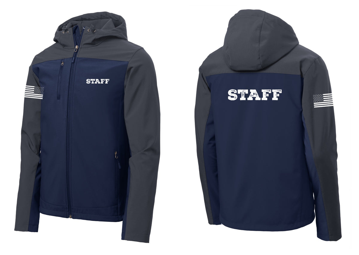 NYC Factory Staff Hooded Soft Shell Jacket (Rustic) - Chest + Back + US Flag Sleeve - Dress Blue Navy / Battleship Grey
