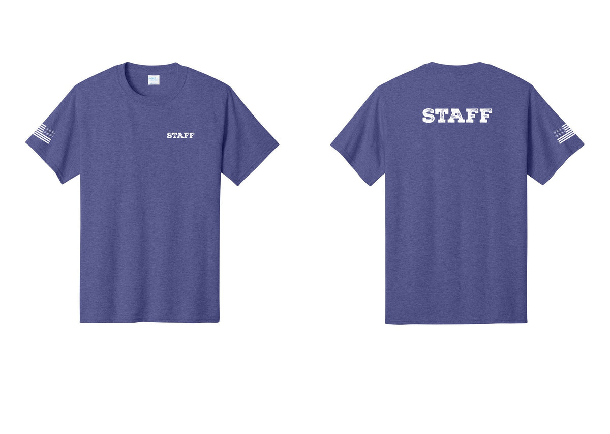 NYC Factory Staff T-Shirt, Rustic Lettering - Chest + Back + US Flag Sleeve - Heather Purple