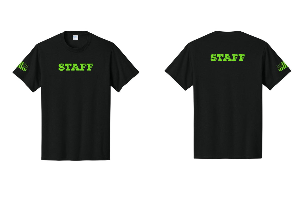 NYC Factory Staff T-Shirt, Rustic Lettering - Front + Back + US Flag Sleeve - Black / Neon