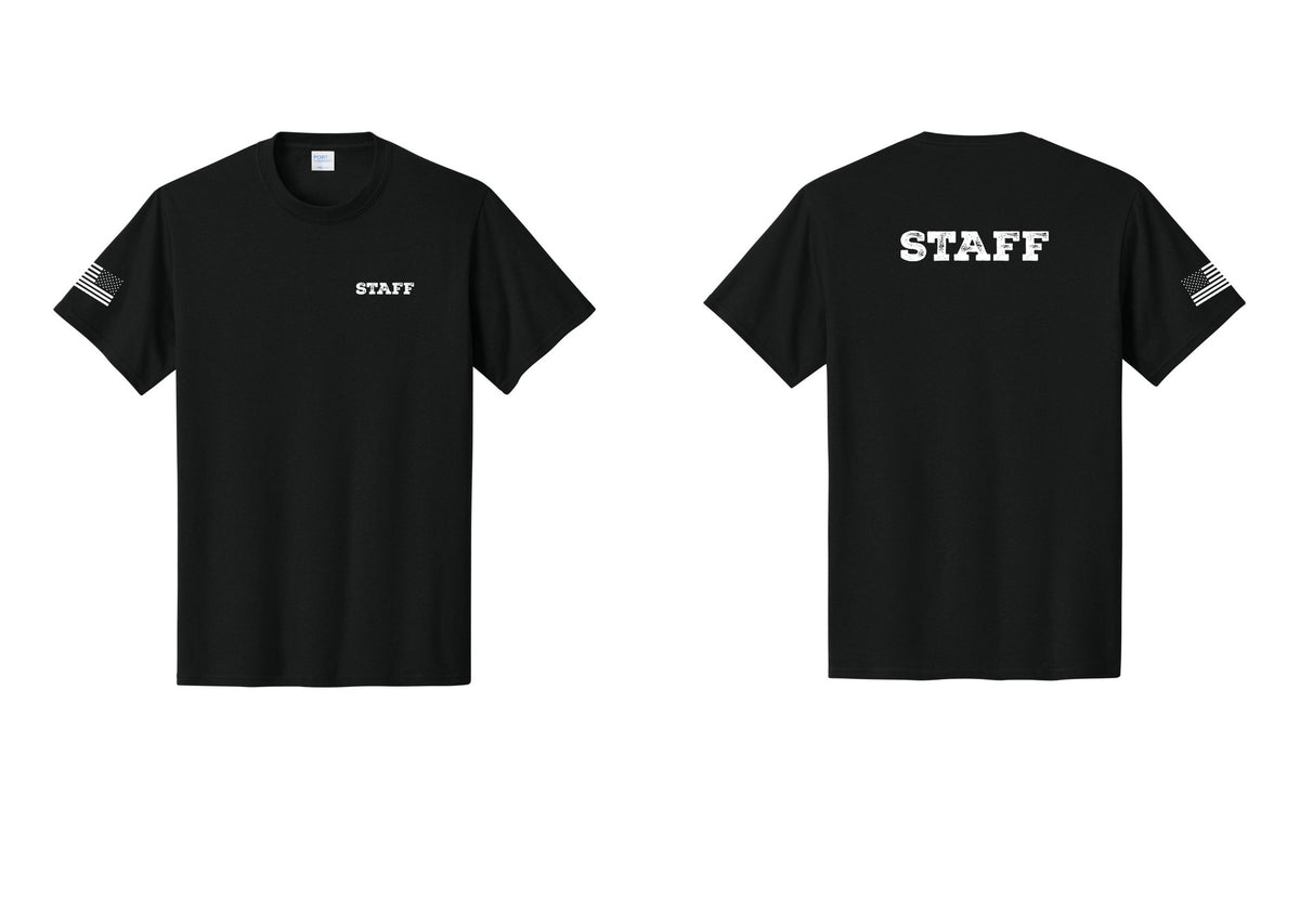 NYC Factory Staff T-Shirt, Rustic Lettering - Chest + Back + US Flag Sleeve - Black