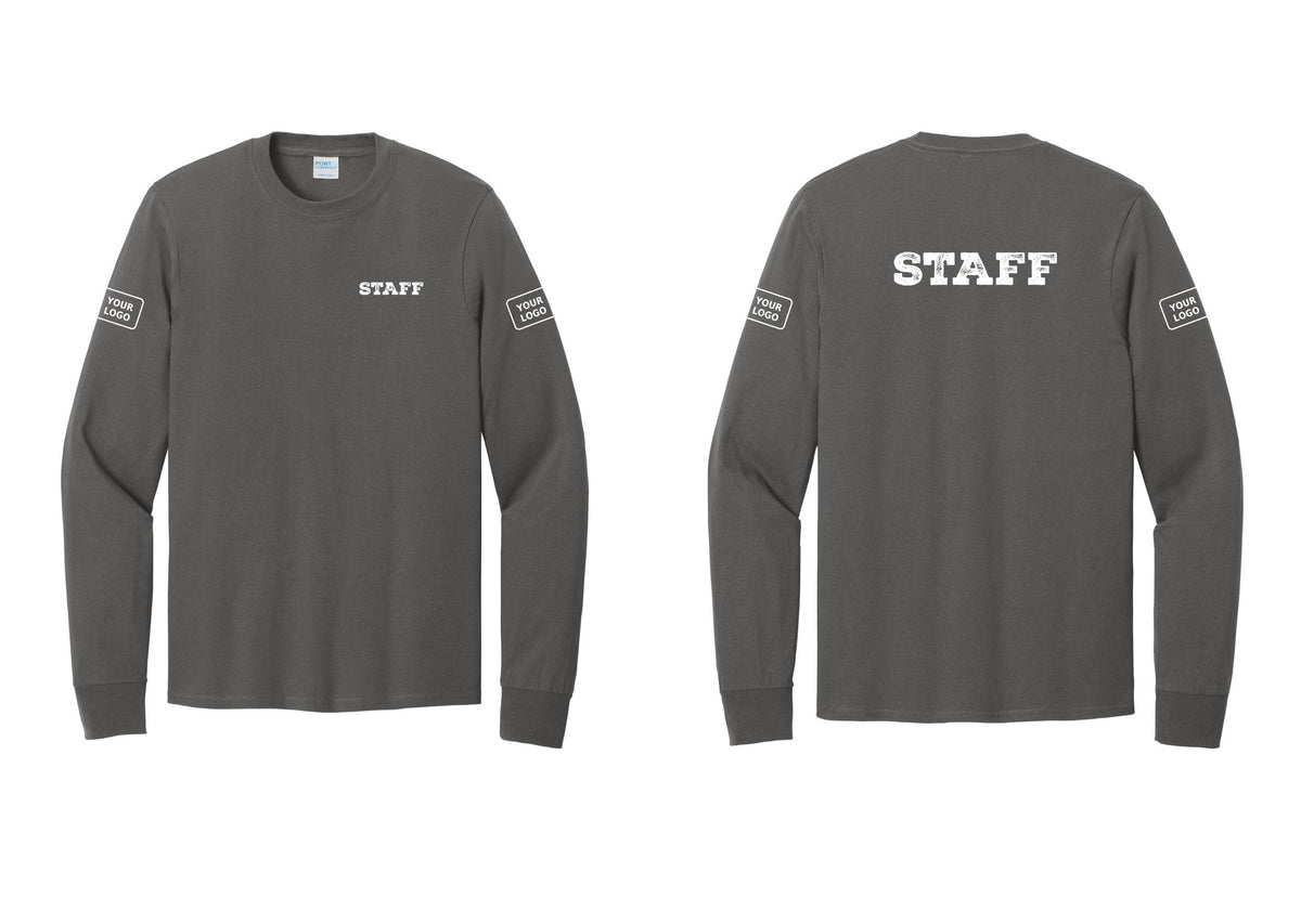 NYC Factory Custom Logo Staff Cotton Long Sleeve T-Shirt (Rustic) - Chest + Back + Your Logo Sleeves - Charcoal