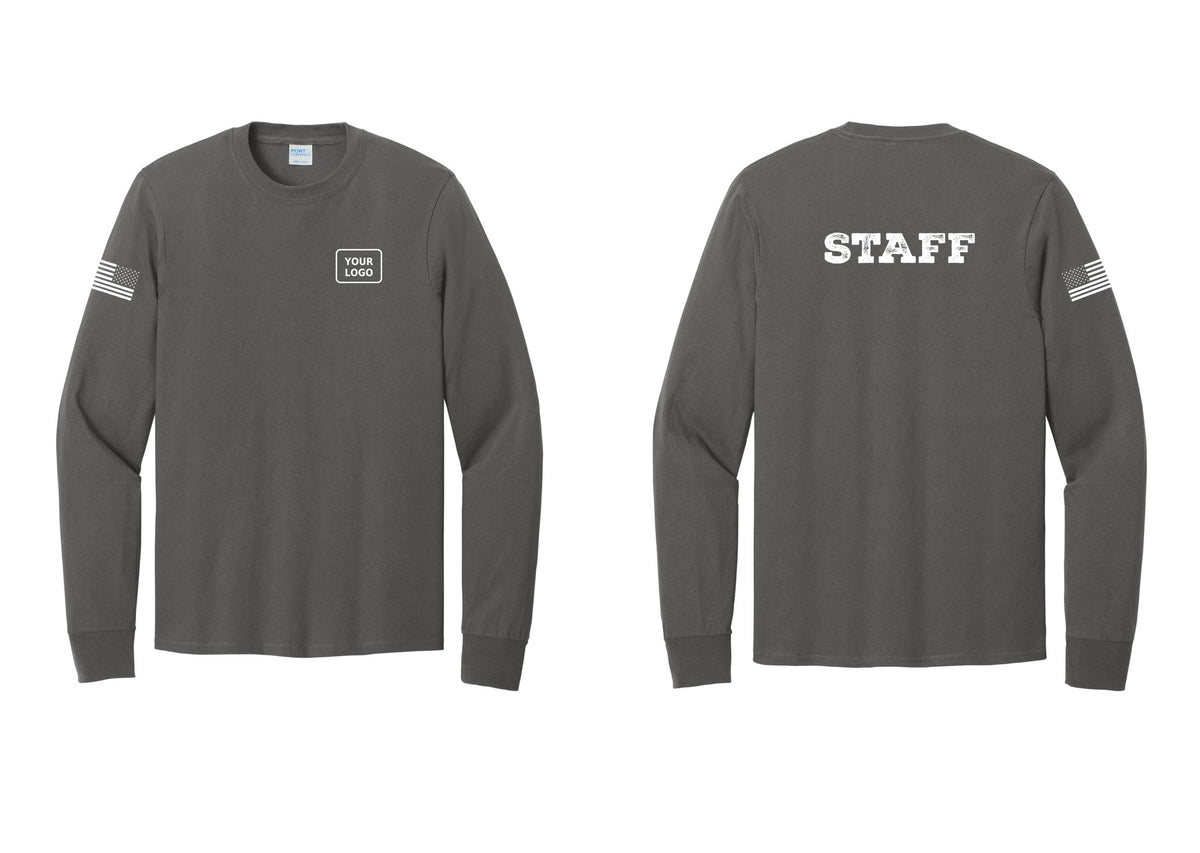 NYC Factory Custom Logo Staff Cotton Long Sleeve T-Shirt (Rustic) - Your Logo + Back + US Flag Sleeve - Charcoal