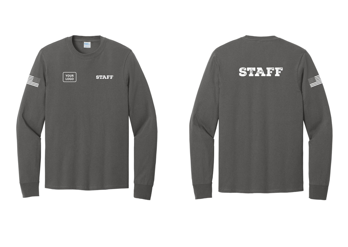 NYC Factory Custom Logo Staff Cotton Long Sleeve T-Shirt (Rustic) - STAFF + Your Logo + Back + US Flag Sleeve - Charcoal