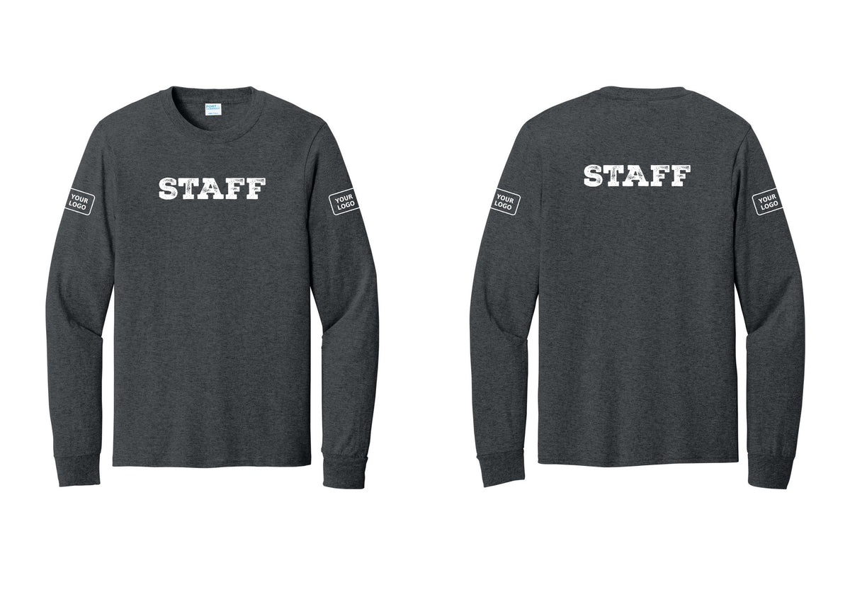 NYC Factory Custom Logo Staff Cotton Long Sleeve T-Shirt (Rustic) - Front + Back + Your Logo Sleeves - Dark Heather Grey