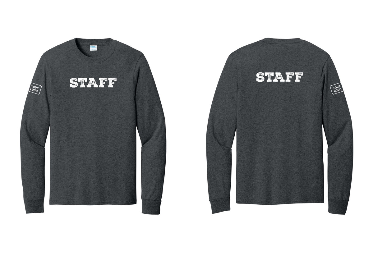 NYC Factory Custom Logo Staff Cotton Long Sleeve T-Shirt (Rustic) - Front + Back + Your Logo Sleeve - Dark Heather Grey