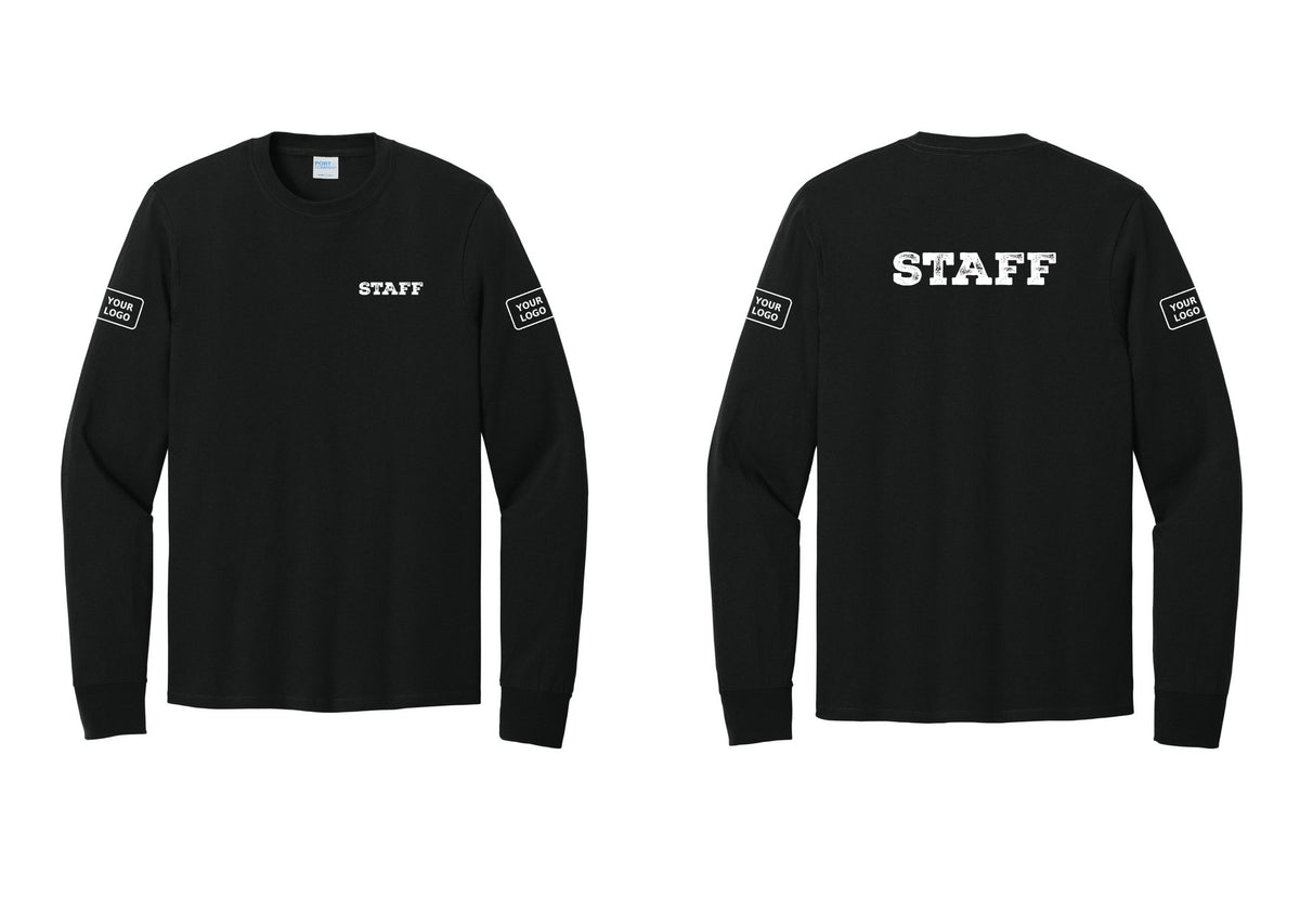 NYC Factory Custom Logo Staff Cotton Long Sleeve T-Shirt (Rustic) - Chest + Back + Your Logo Sleeves - Black