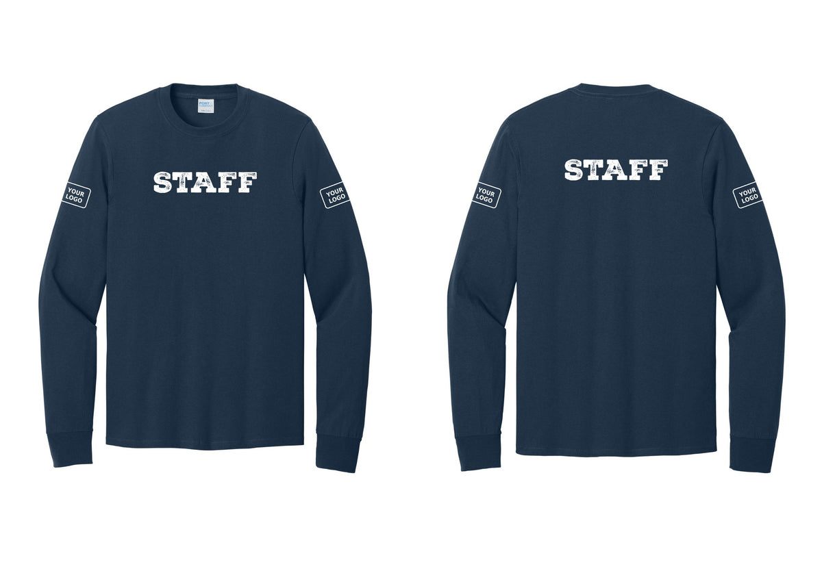 NYC Factory Custom Logo Staff Cotton Long Sleeve T-Shirt (Rustic) - Front + Back + Your Logo Sleeves - Navy