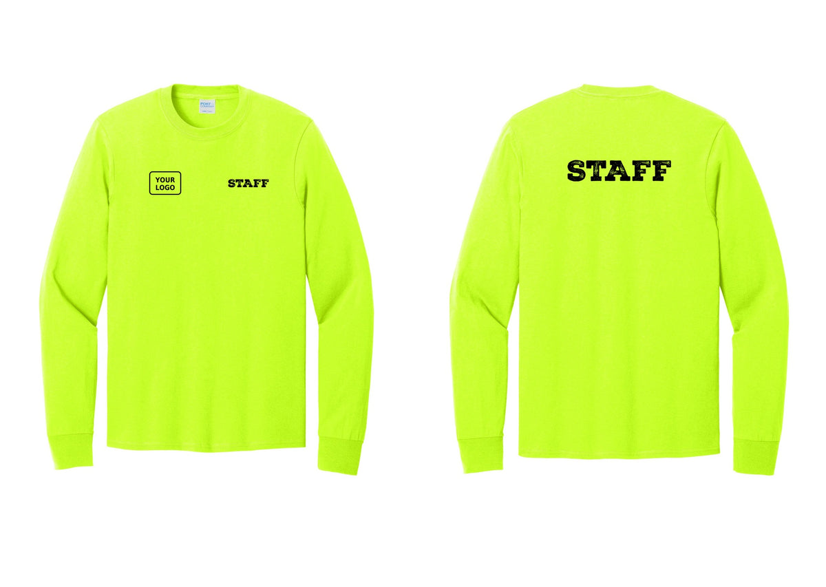 NYC Factory Custom Logo Staff Cotton Long Sleeve T-Shirt (Rustic) - STAFF + Your Logo + Back - Safety Green