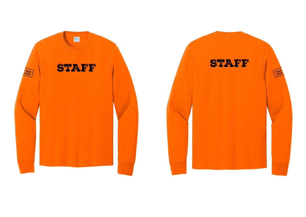 NYC Factory Custom Logo Staff Cotton Long Sleeve T-Shirt (Rustic) - Front + Back + Your Logo Sleeve - Safety Orange