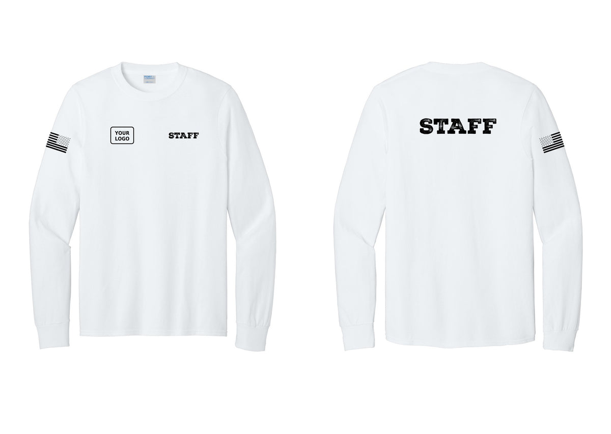 NYC Factory Custom Logo Staff Cotton Long Sleeve T-Shirt (Rustic) - STAFF + Your Logo + Back + US Flag Sleeve - White