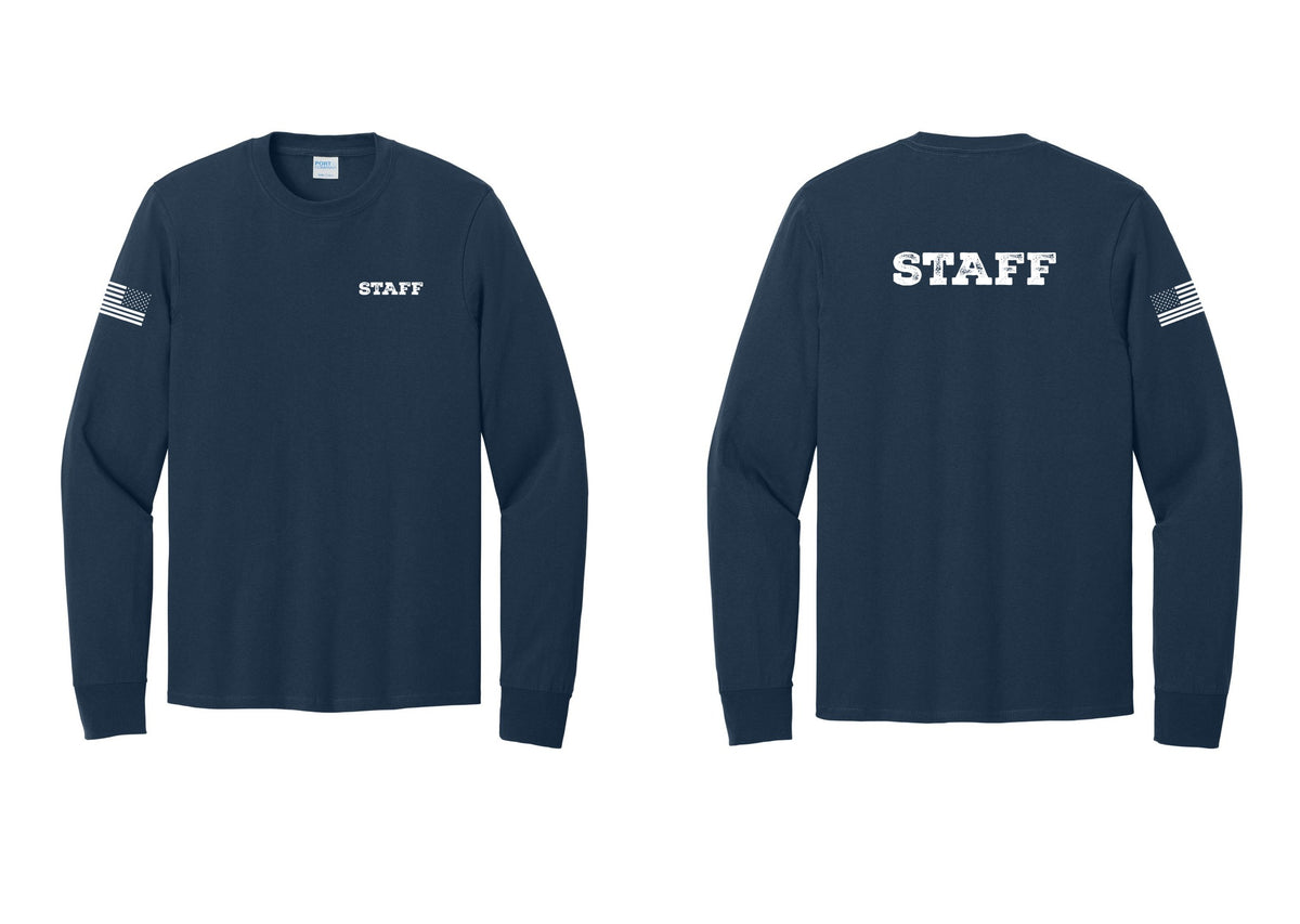 NYC Factory Staff Cotton Long Sleeve T-Shirt (Rustic) - Chest + Back + US Flag Sleeve - Navy