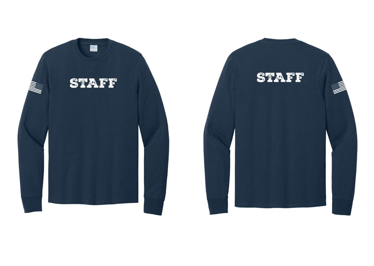 NYC Factory Staff Cotton Long Sleeve T-Shirt (Rustic) - Front + Back + US Flag Sleeve - Navy