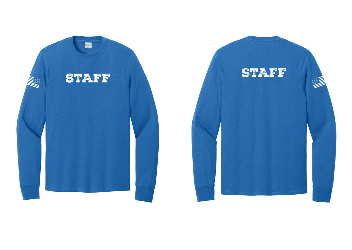 NYC Factory Staff Cotton Long Sleeve T-Shirt (Rustic) - Front + Back + US Flag Sleeve - Royal