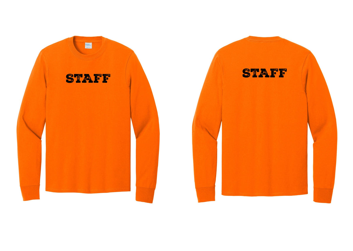 NYC Factory Staff Cotton Long Sleeve T-Shirt (Rustic) - Front + Back - Safety Orange