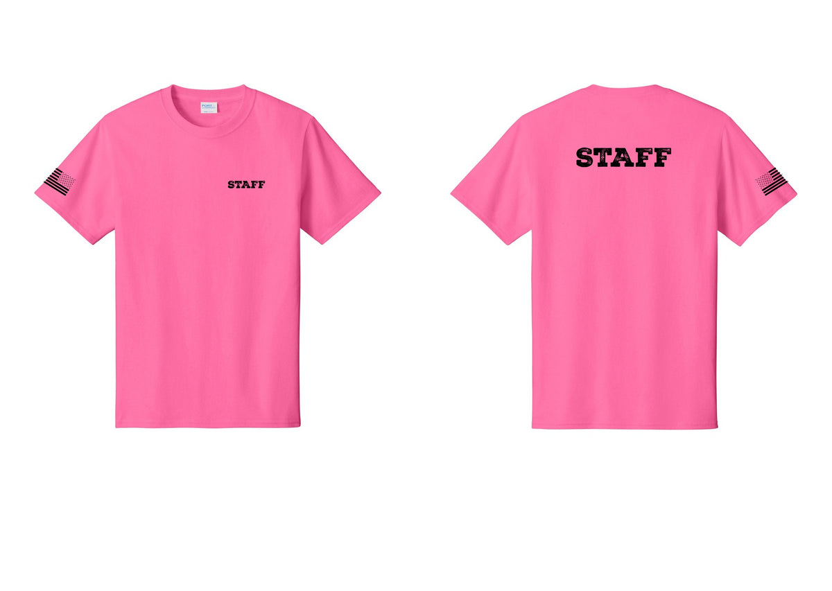 NYC Factory Staff T-Shirt, Rustic Lettering - Chest + Back + US Flag Sleeve - Neon Pink
