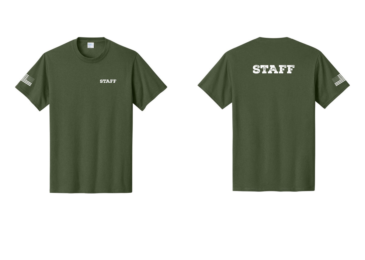 NYC Factory Staff T-Shirt, Rustic Lettering - Chest + Back + US Flag Sleeve - Olive