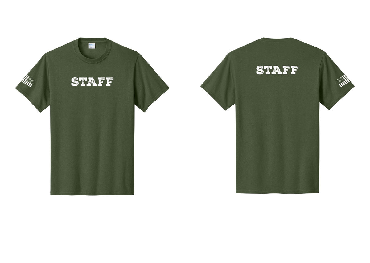NYC Factory Staff T-Shirt, Rustic Lettering - Front + Back + US Flag Sleeve - Olive