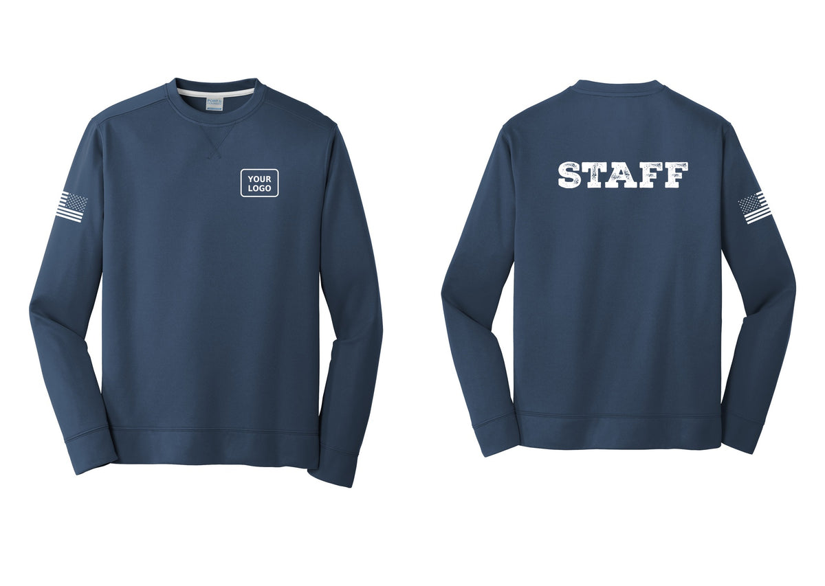 NYC Factory Custom Logo Staff Performance Fleece Crewneck Sweatshirt (Rustic) - Your Logo + Back + US Flag Sleeve - Navy