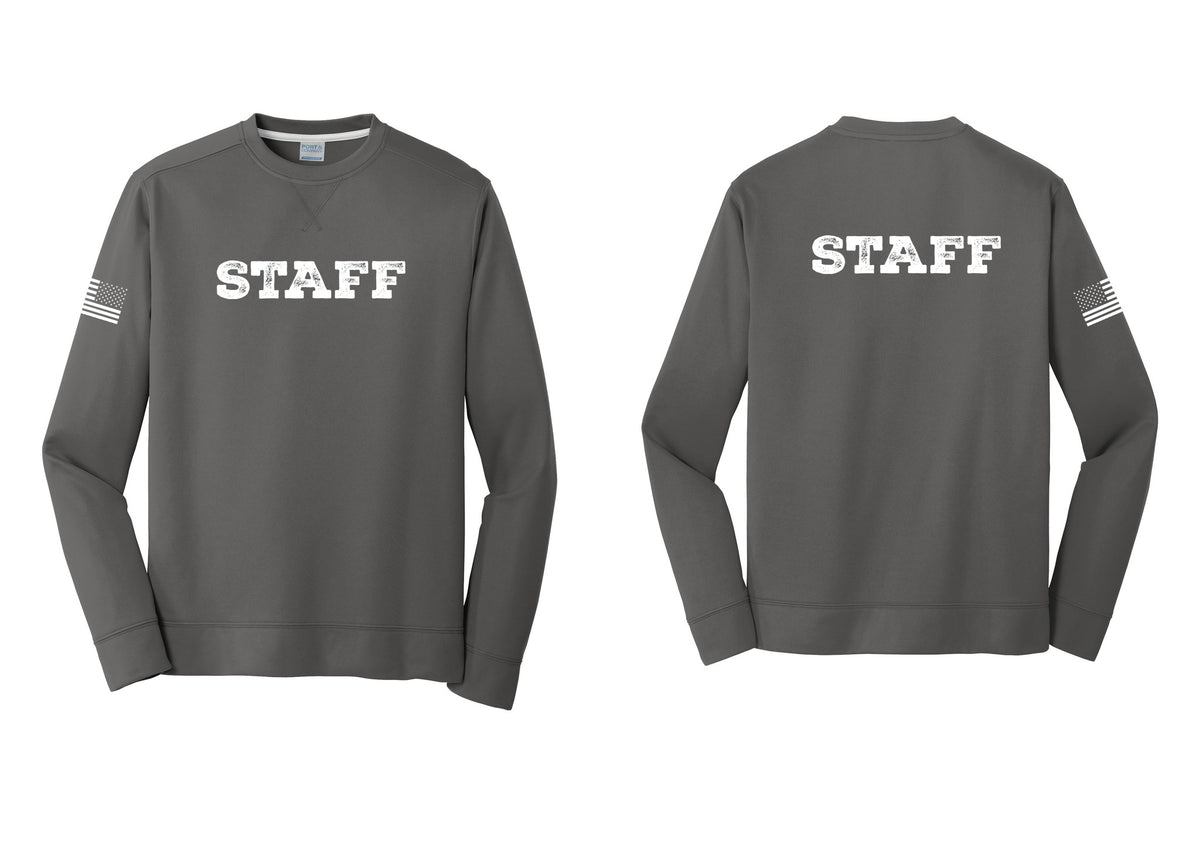 NYC Factory Staff Performance Fleece Crewneck Sweatshirt (Rustic) - Front + Back + US Flag Sleeve - Charcoal