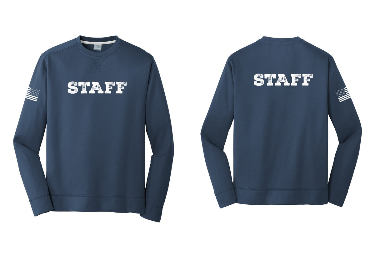 NYC Factory Staff Performance Fleece Crewneck Sweatshirt (Rustic) - Front + Back + US Flag Sleeve - Navy