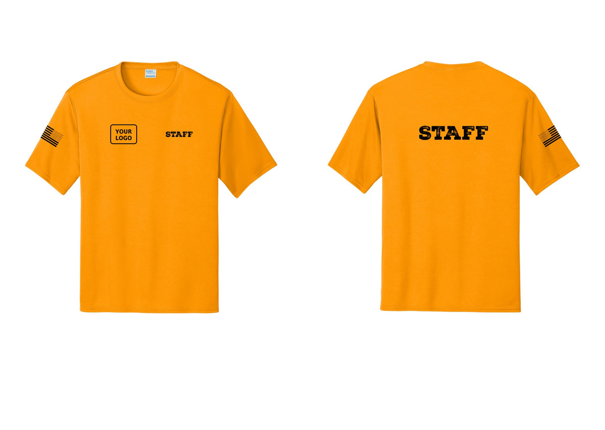 NYC Factory Custom Logo Staff Performance T-Shirt (Rustic) - STAFF + Your Logo + Back + US Flag Sleeve - Gold