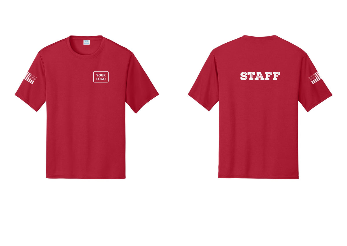 NYC Factory Custom Logo Staff Performance T-Shirt (Rustic) - Your Logo + Back + US Flag Sleeve - Red