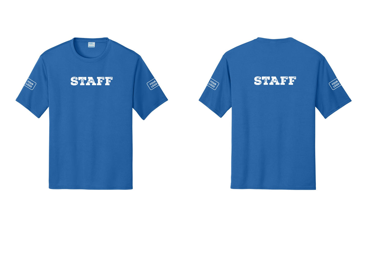 NYC Factory Custom Logo Staff Performance T-Shirt (Rustic) - Front + Back + Your Logo Sleeves - Royal