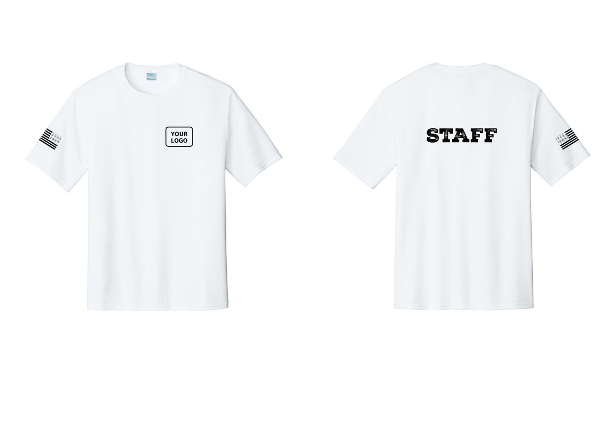 NYC Factory Custom Logo Staff Performance T-Shirt (Rustic) - Your Logo + Back + US Flag Sleeve - White
