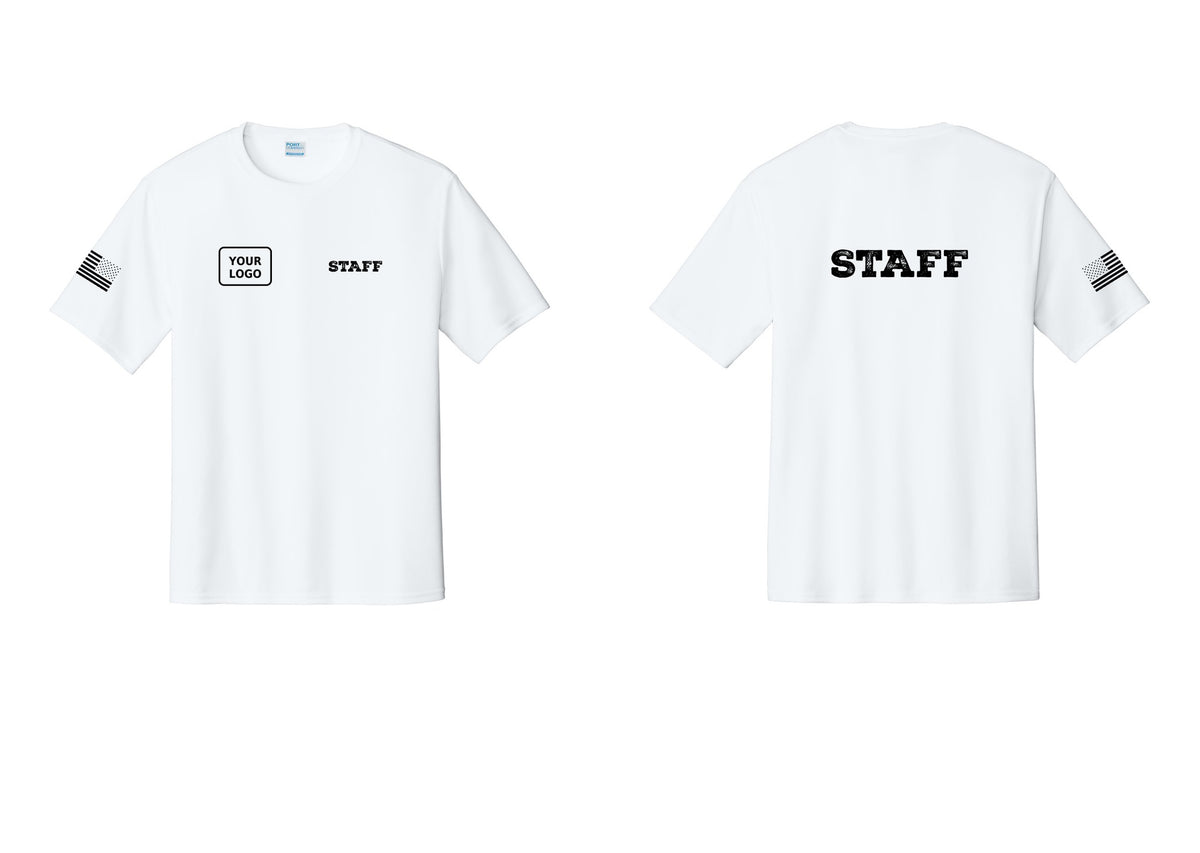 NYC Factory Custom Logo Staff Performance T-Shirt (Rustic) - STAFF + Your Logo + Back + US Flag Sleeve - White