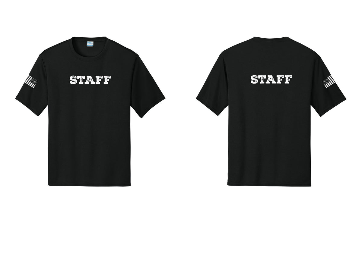 NYC Factory Staff Performance T-Shirt (Rustic) - Front + Back + US Flag Sleeve - Black